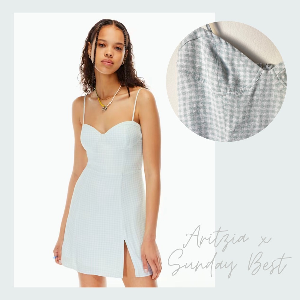 🍒 Aritzia Sunday Best SOLD OUT Viola Mini Dress – White & Aqua Gingham XXS